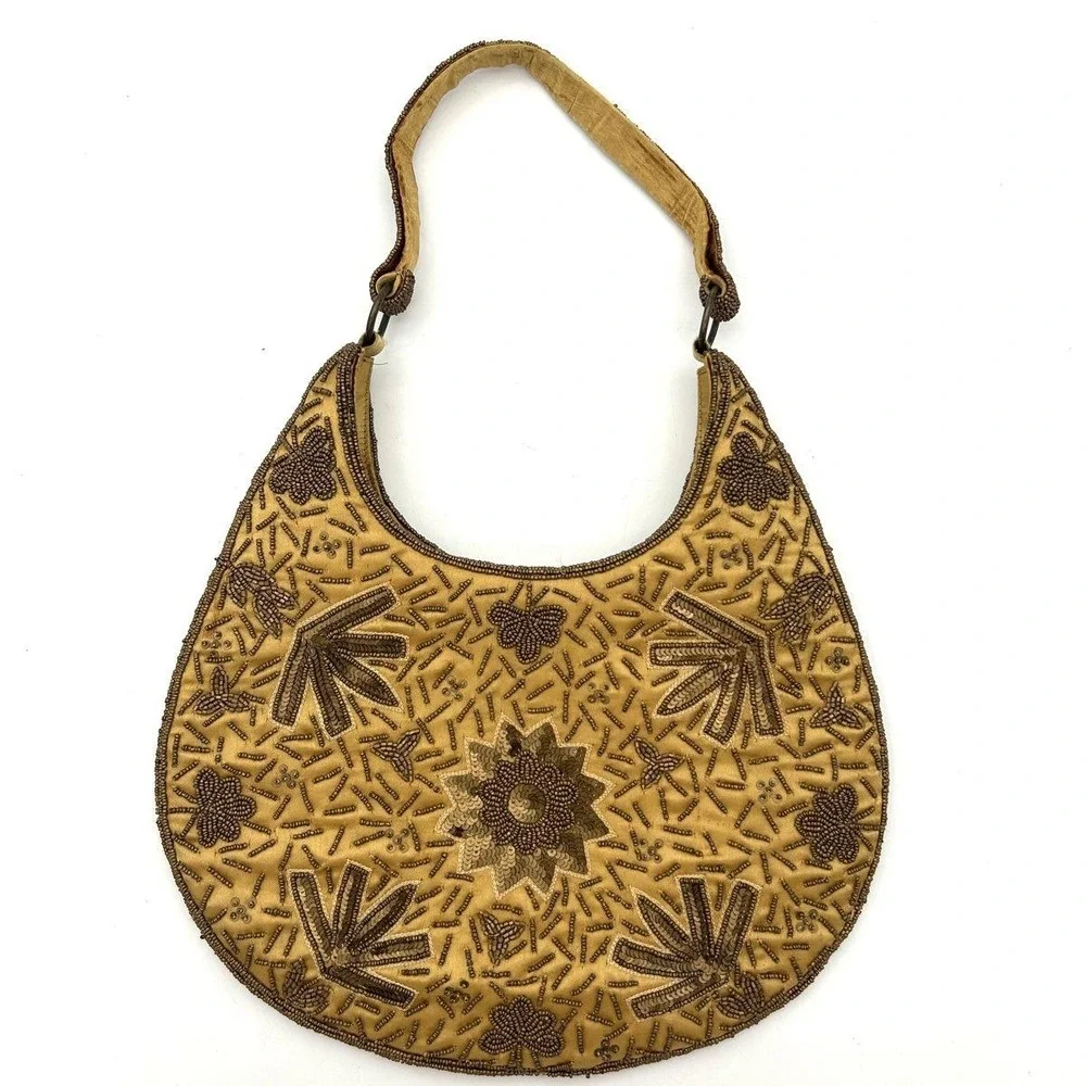 Vintage 90s Toni Women's Gold Bronze Beaded Sequined Floral Hobo Shoulder Bag